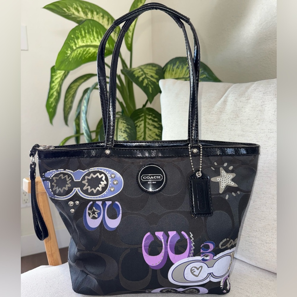Coach Poppy Y2K Daisy Pop Optic Black Purple Tote Shoulder Handbag Purse #F17587